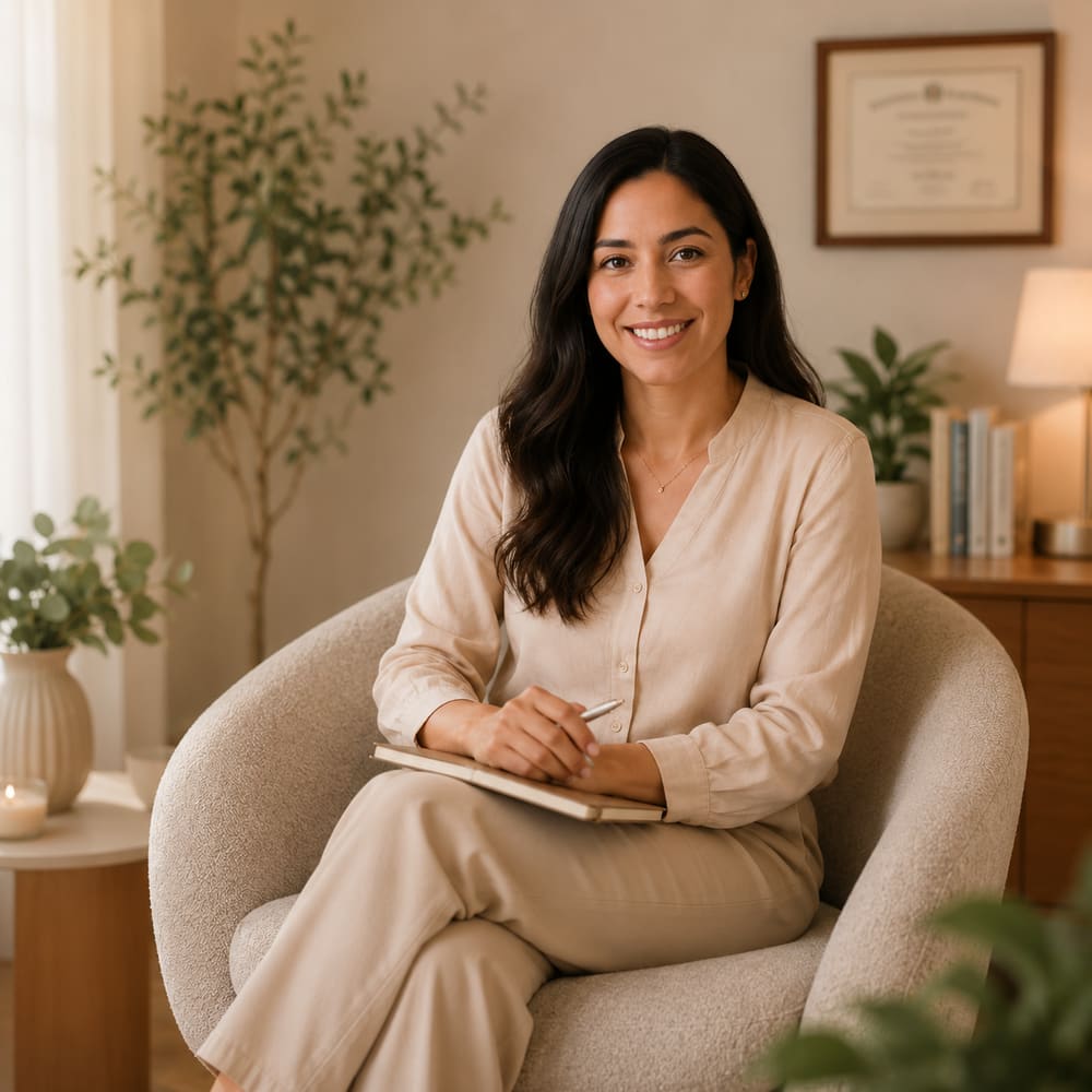 Valentina Cruz, psicóloga, sonriendo en su consultorio